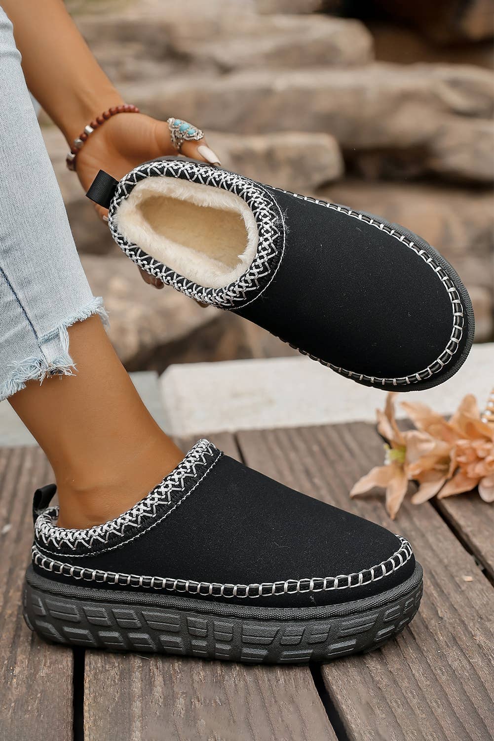 Stitch Detail Suede PU Plush Slippers | US7-10