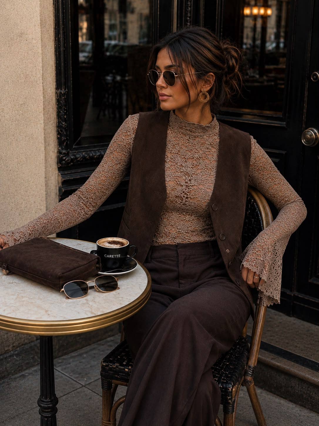 Taupe Lace Bell Sleeve Top