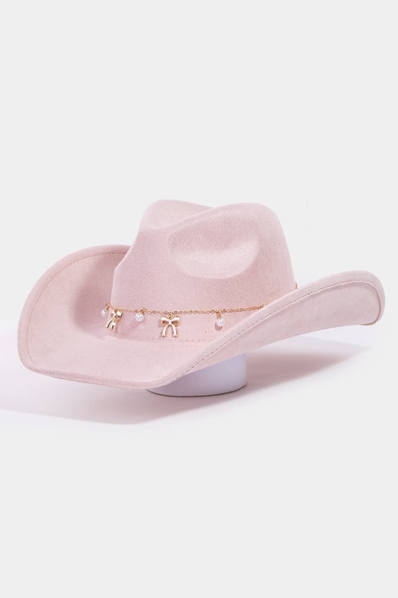 Ribbon Bow Pearl Chain Cowboy Hat