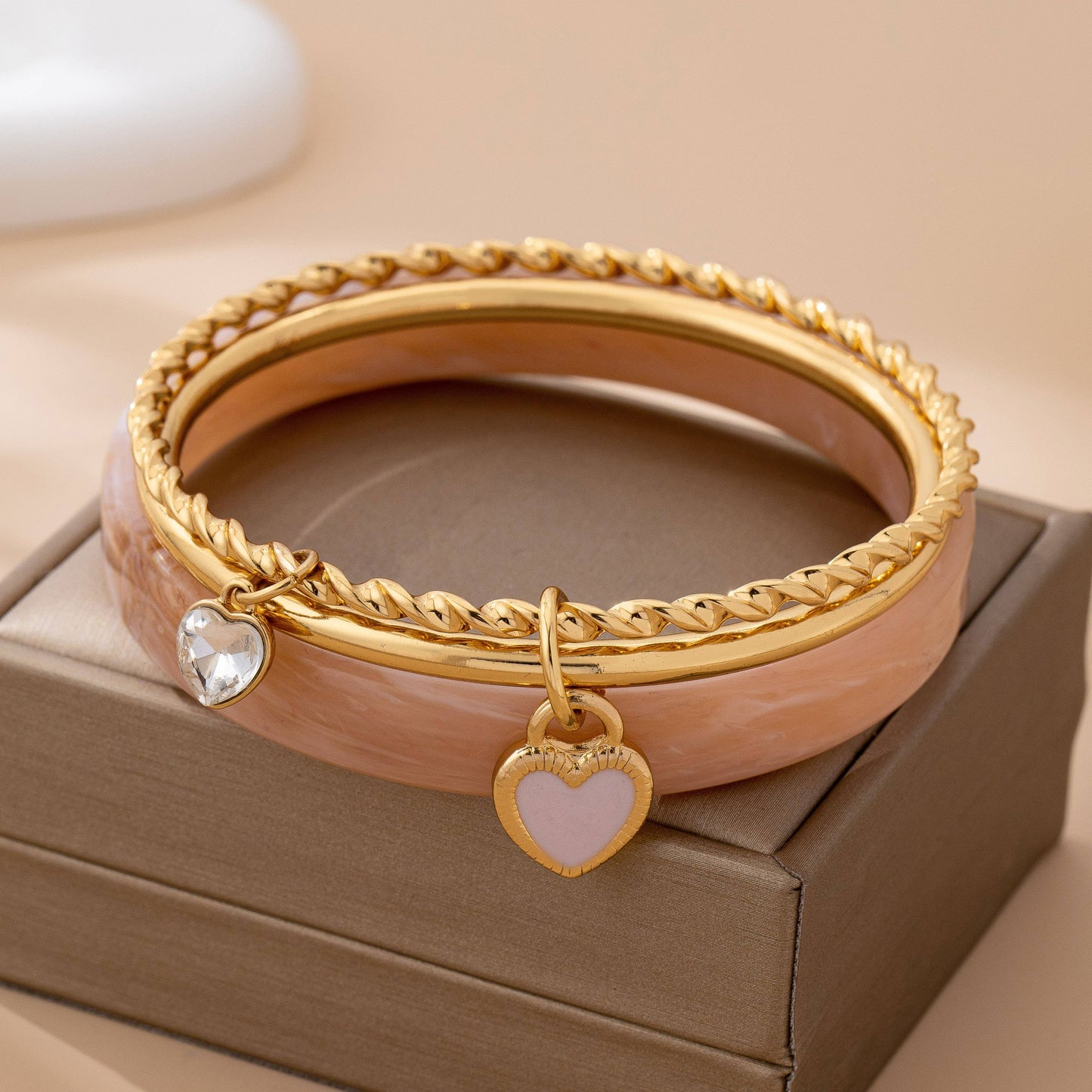 Gold Heart Charm Multi Bangle Set