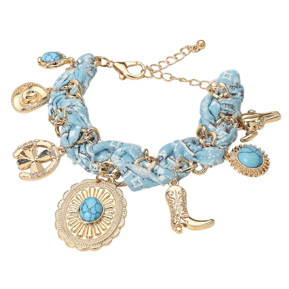 Western Cowboy Hat Boot Charm Station Fabric Chain Bracelet