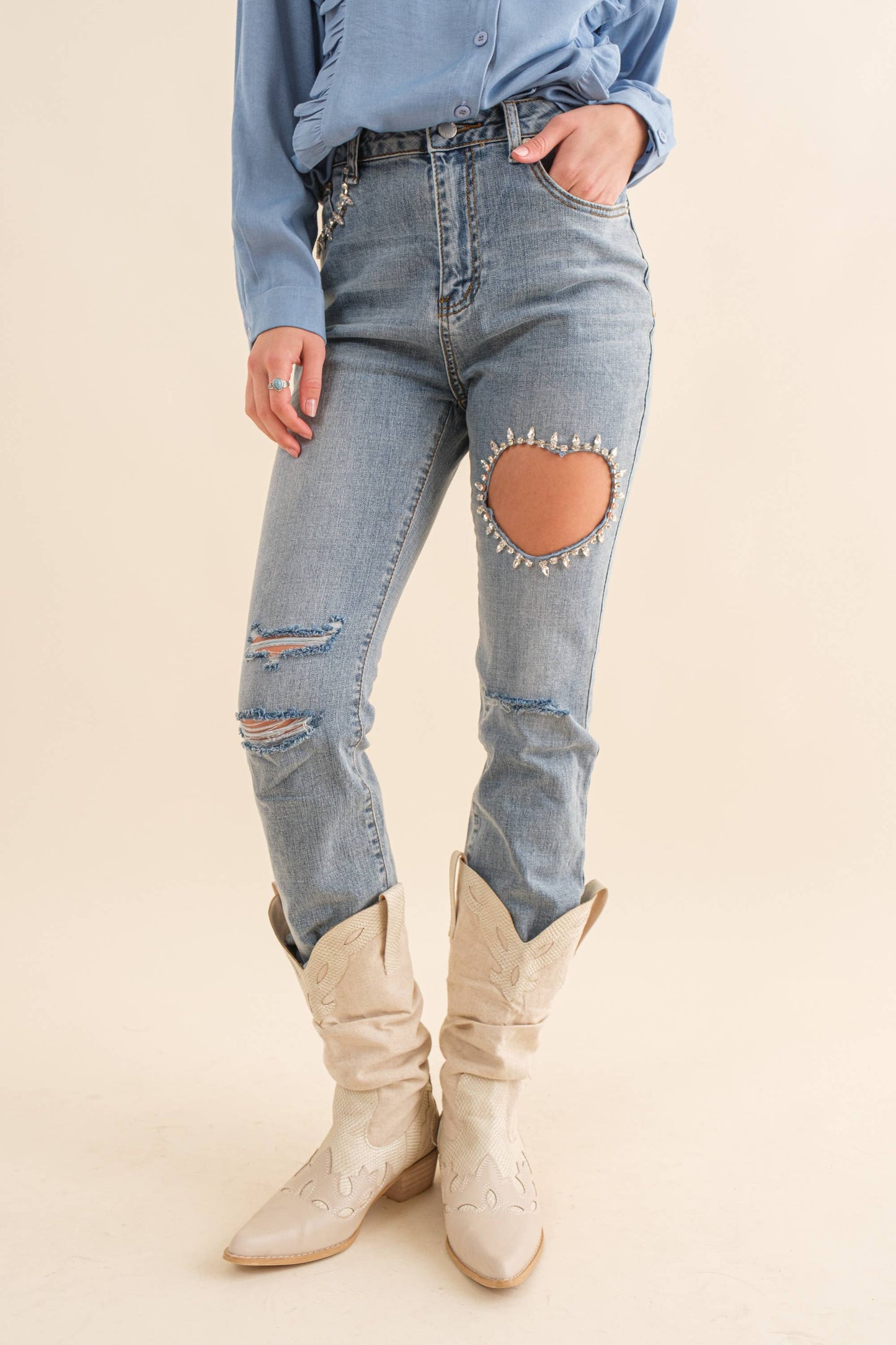 Diamond Heart Cutout Crop Denim Jeans