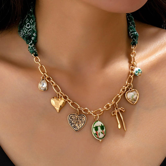 SCARF CHARM NECKLACE-PORCELAIN HEART BOW |