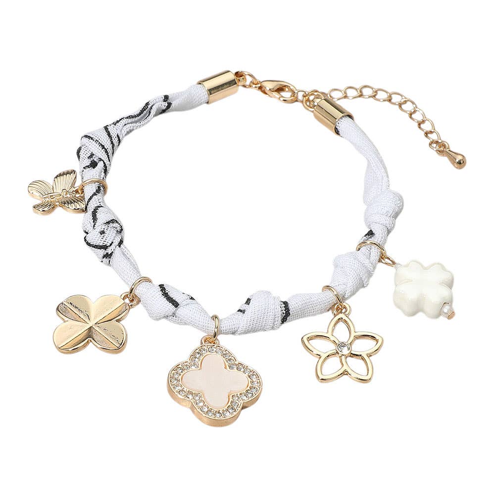 Quatrefoil Clover Flower Butterfly Charm Embellished Scarf Fabric Chain Bracelet