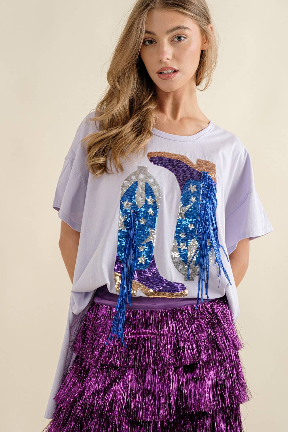Cotton Sequin Western Boot Fringe Loose Side Tee