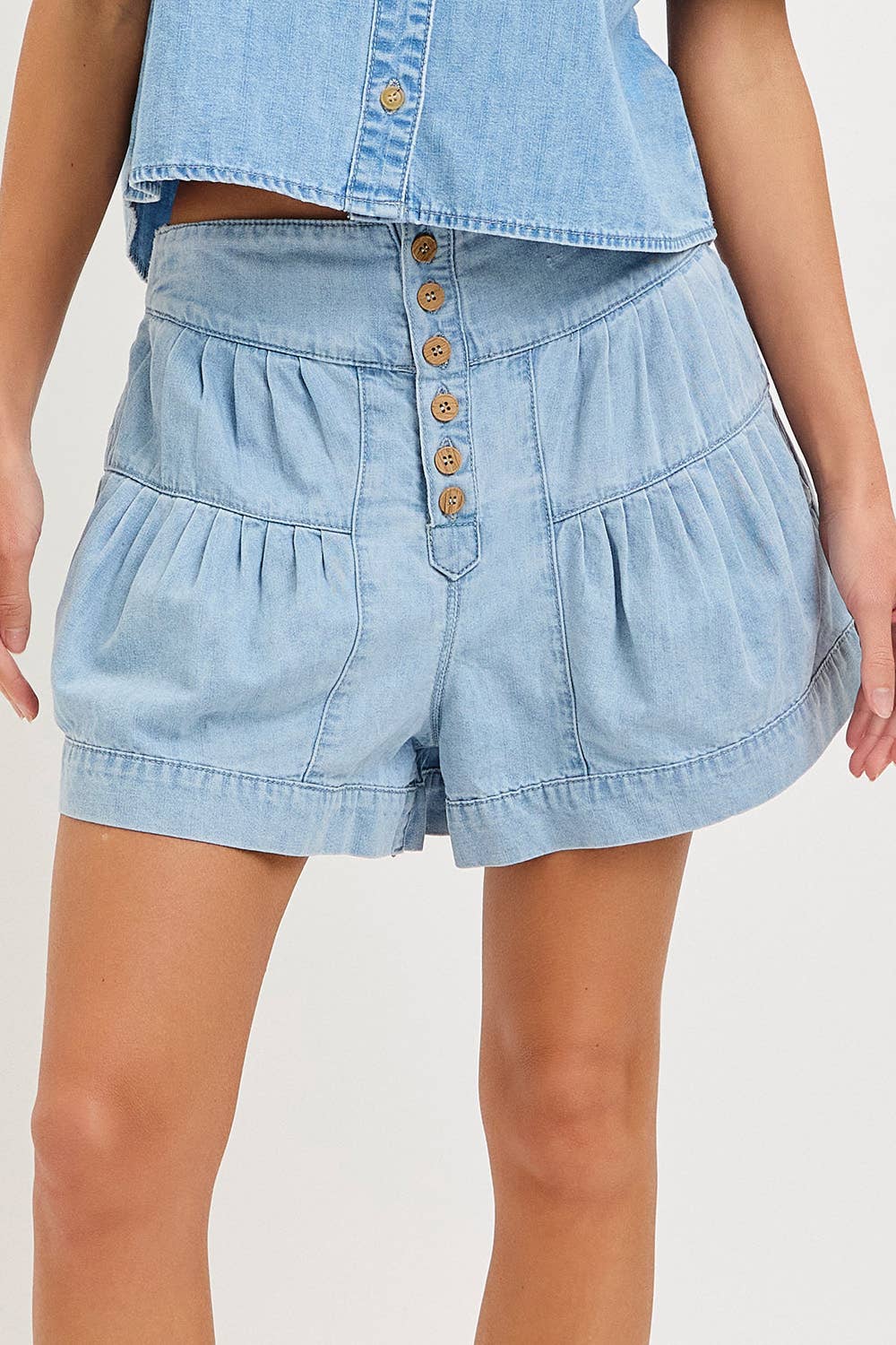 High Rise Button Stretch Denim Shorts