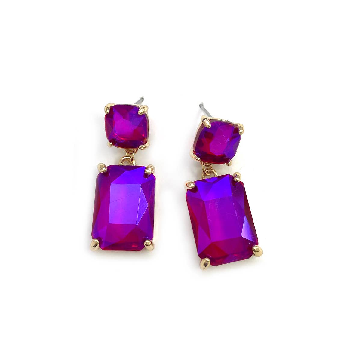Double Square Linked Crystal Glass Dangle Earrings