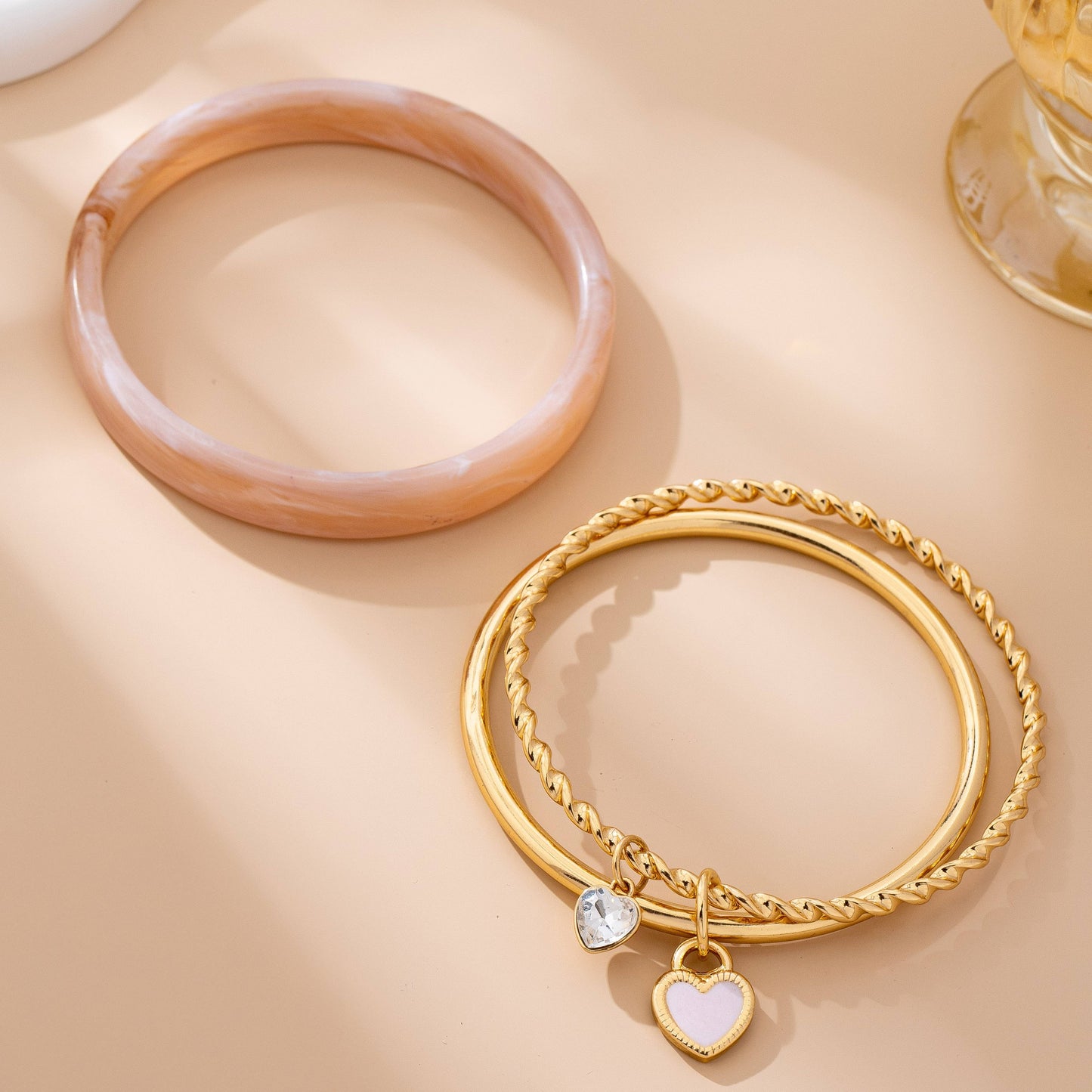 Gold Heart Charm Multi Bangle Set