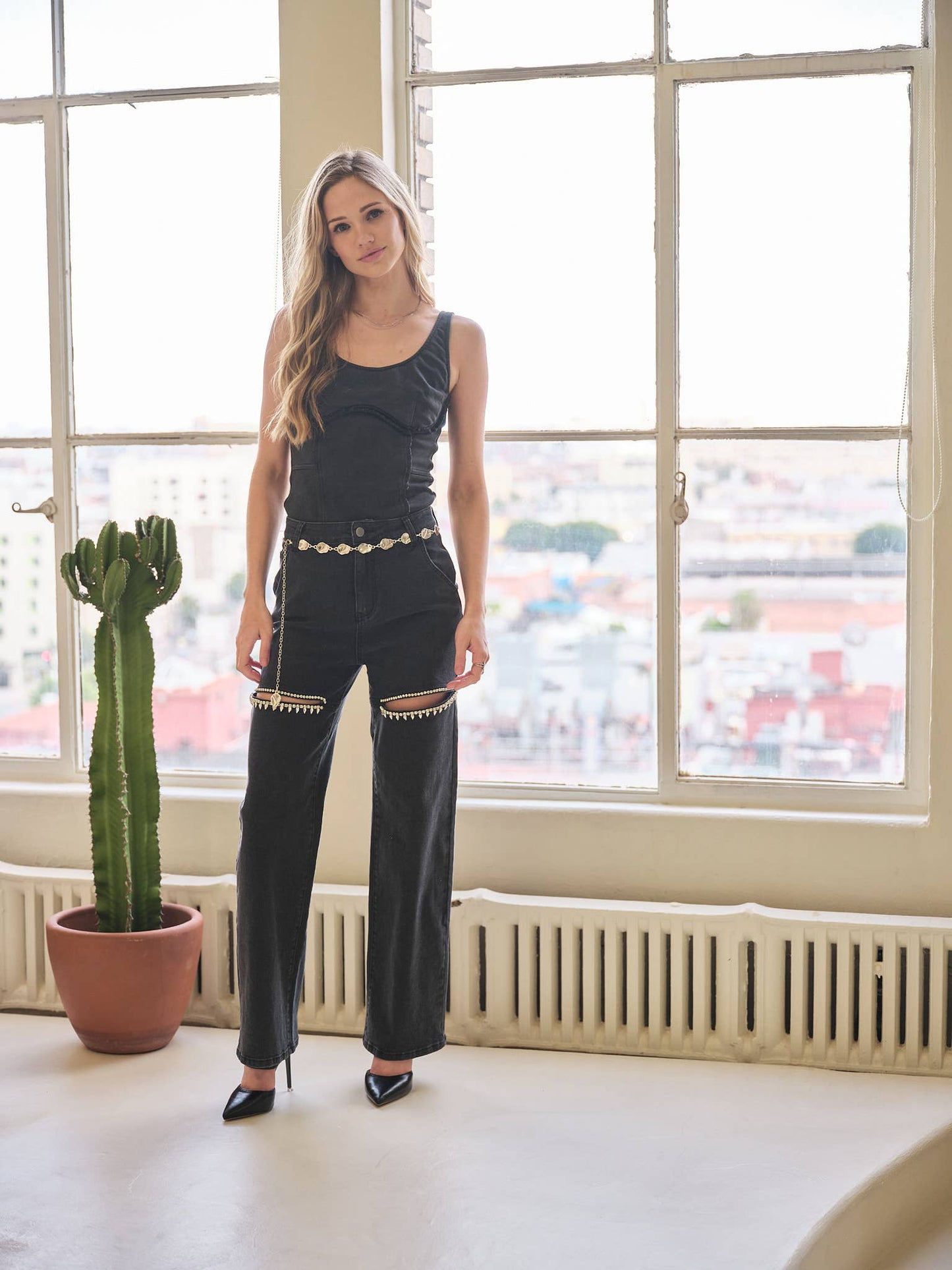 Cut Out Front Rhinestone Washed Denim Jeans: Black / S