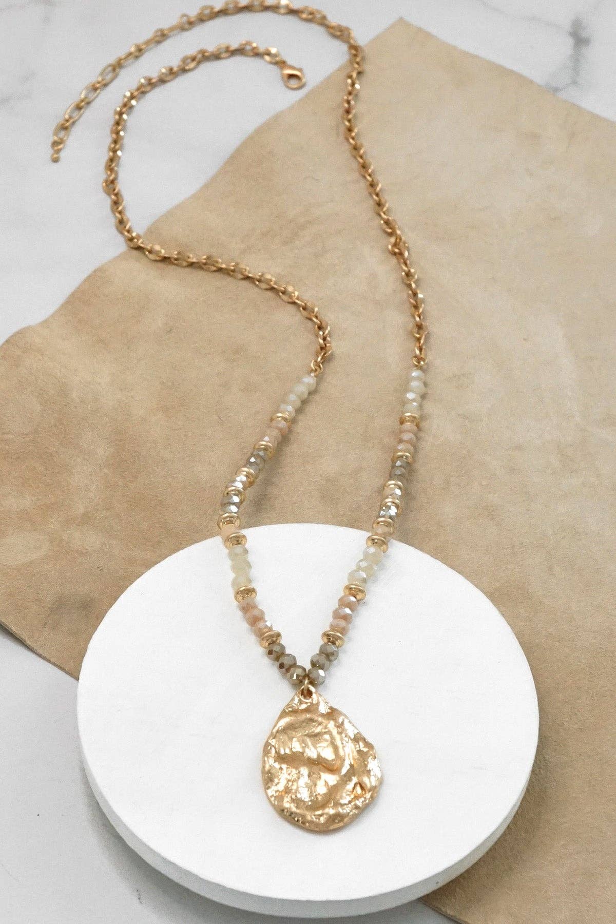 Long Beaded Necklace  Golden Teardrop Pendant