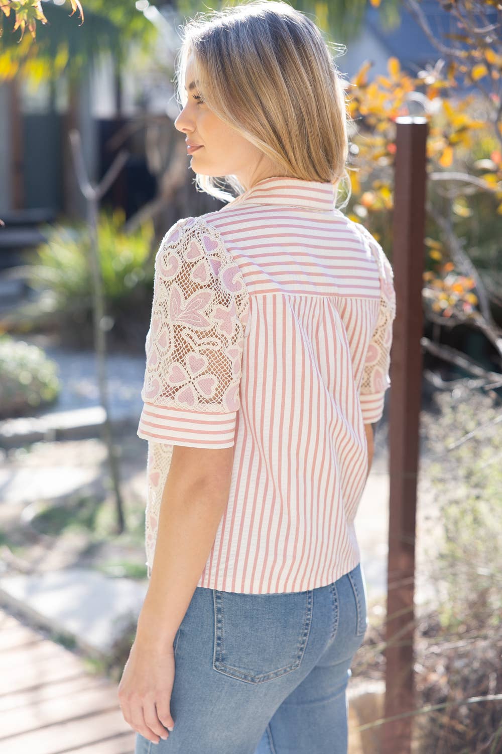 Collared V-Neck Stripe and Lace Mixed Fabric Top
