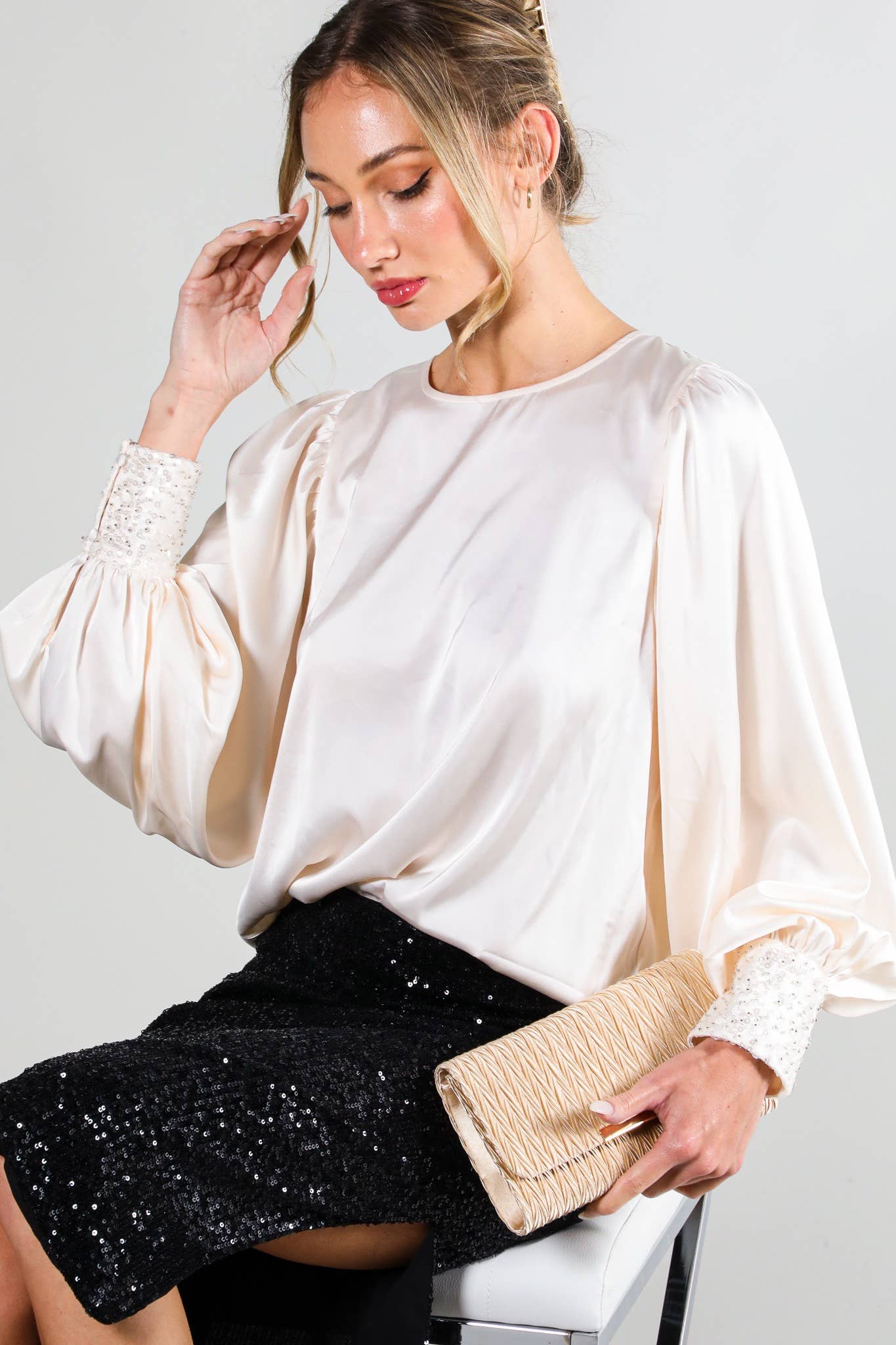 Sequin Sleeve Champagne Satin Blouse