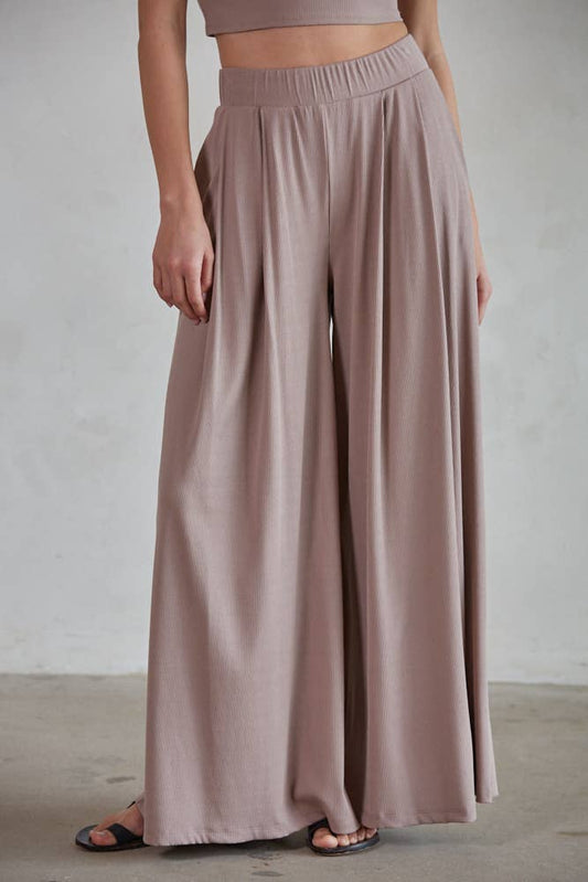 Mocha Knit Ribbed Wide Leg Pants w Pockets