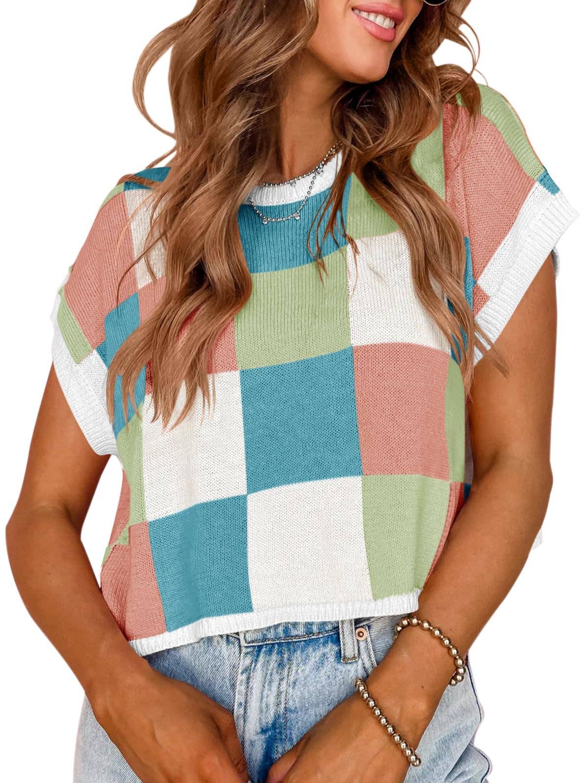 Women’s Colorblock Checkerboard Knit Crop Sweater Tee