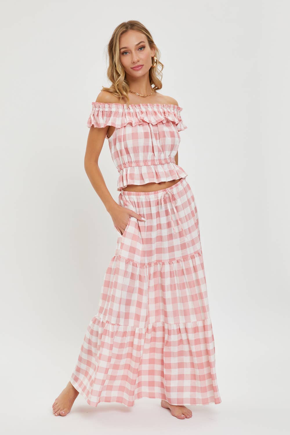 Gingham Tiered Maxi Skirt w Pockets