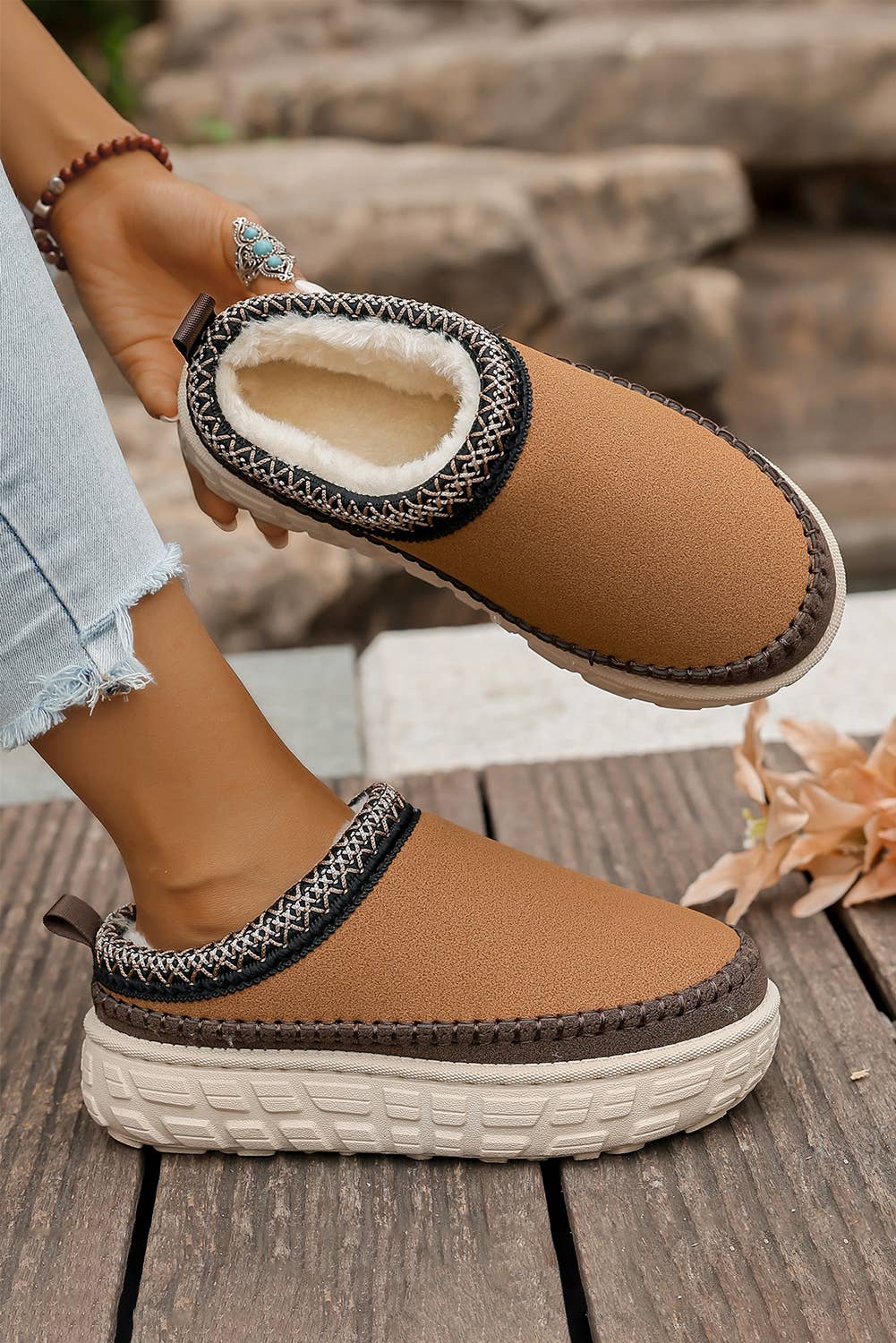 Stitch Detail Suede PU Plush Slippers | US7-10
