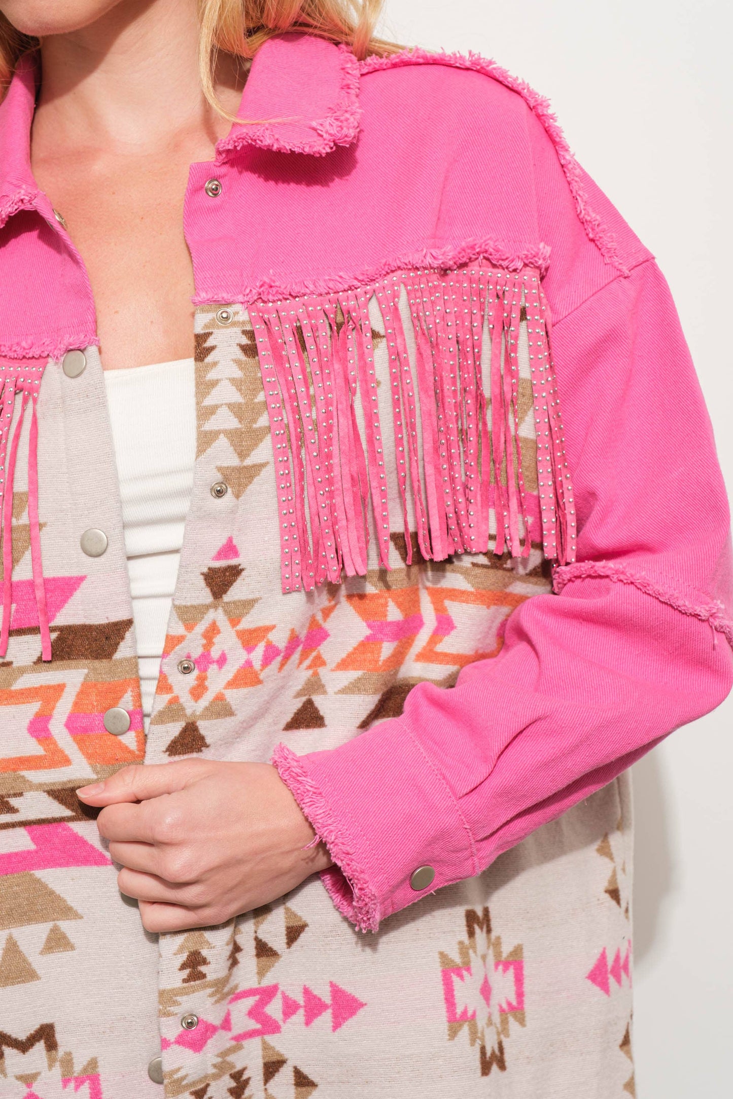 Pink Aztec Contrast Frayed Shirt Jacket