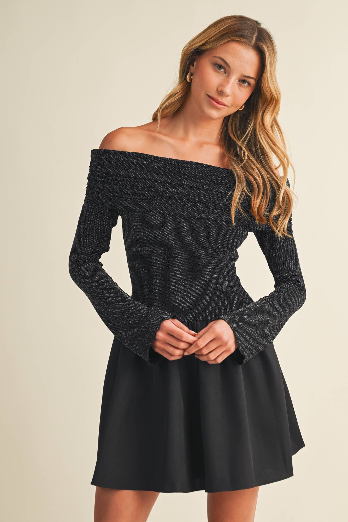 Off-Shoulder Shimmer Knit A-Less Dress