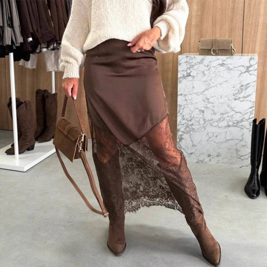 Women’s Brown Satin Lace High Waist Midi Skirt