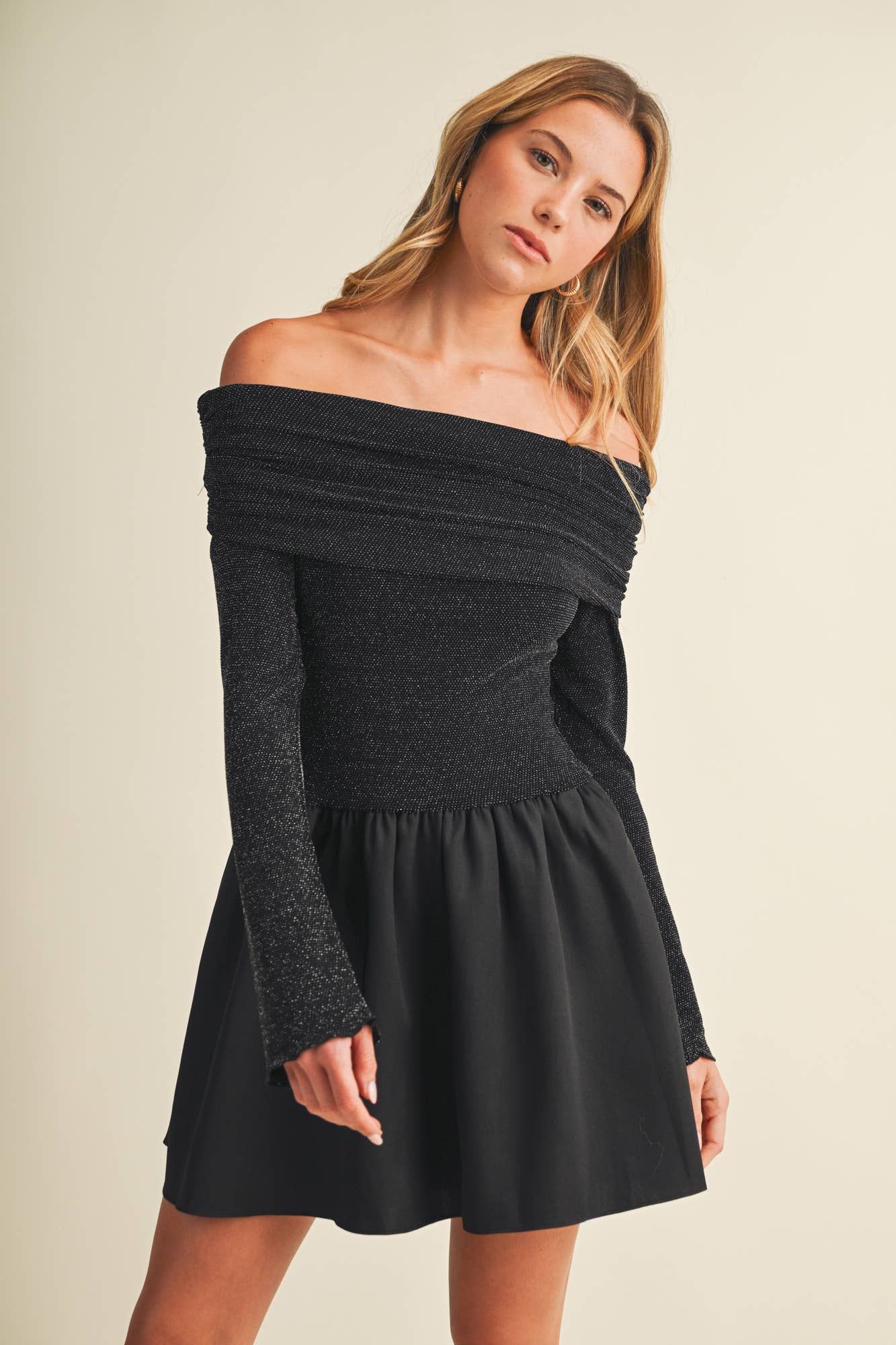 Off-Shoulder Shimmer Knit A-Less Dress