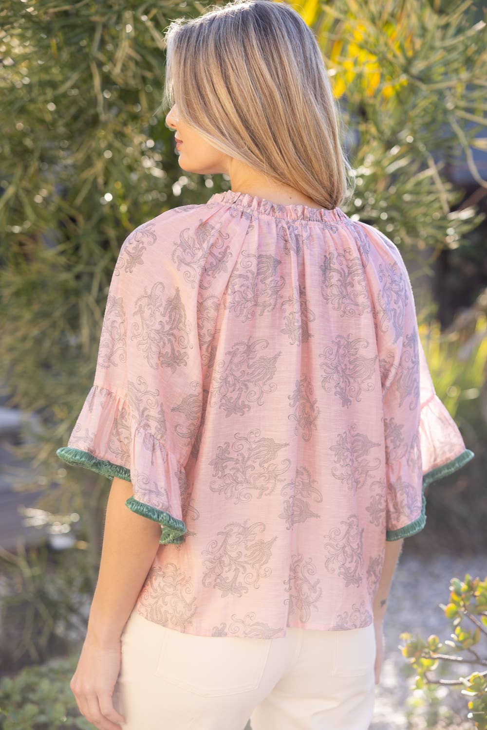 Tassle Self Tie and Fringe Detail Printed Top