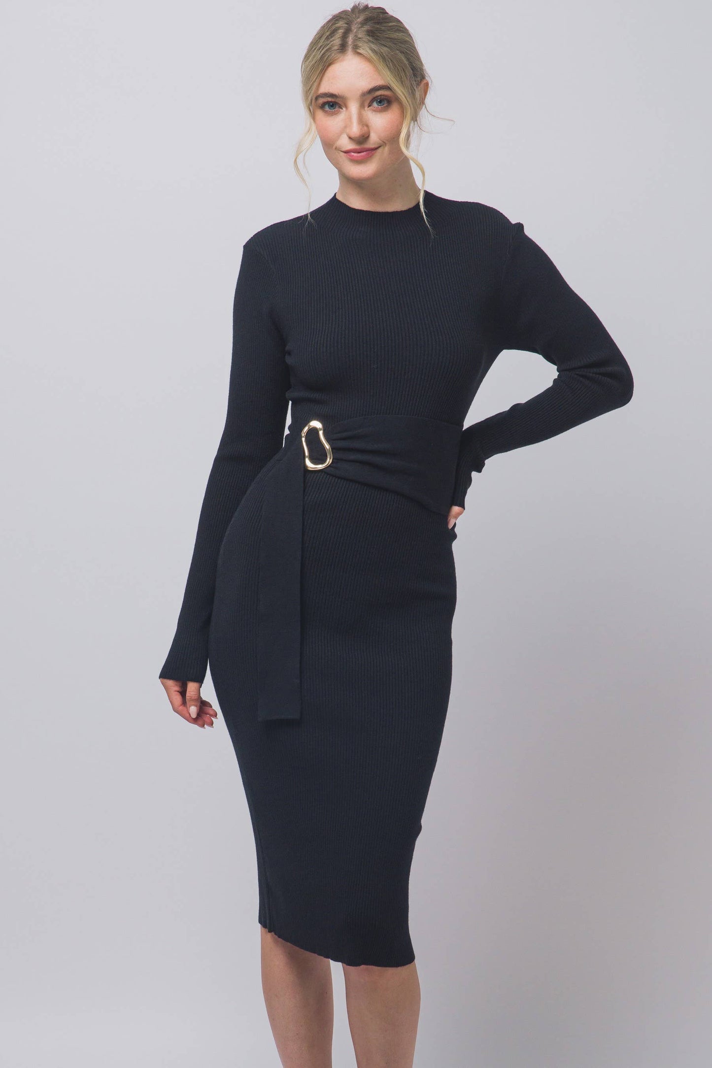 Black Side Tie knit Midi Dress