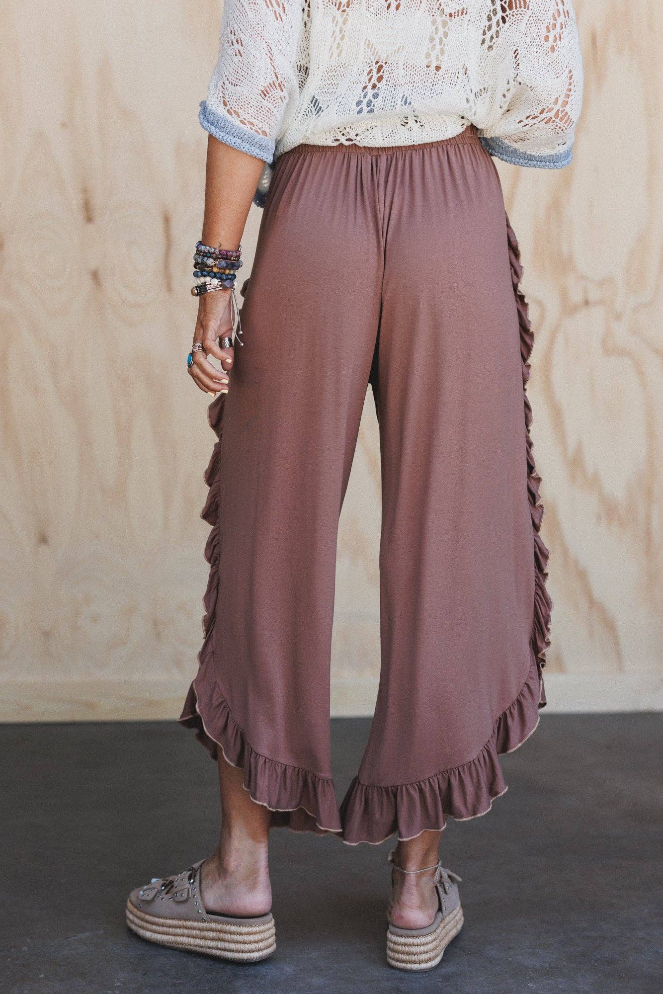 Ruffle Wide Leg Pants - Dark Mocha