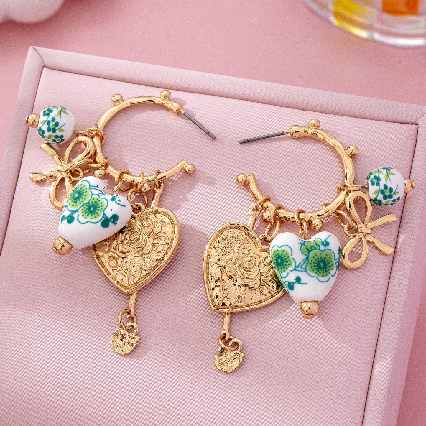 Chinoiserie Heart Charm Hoop Earrings