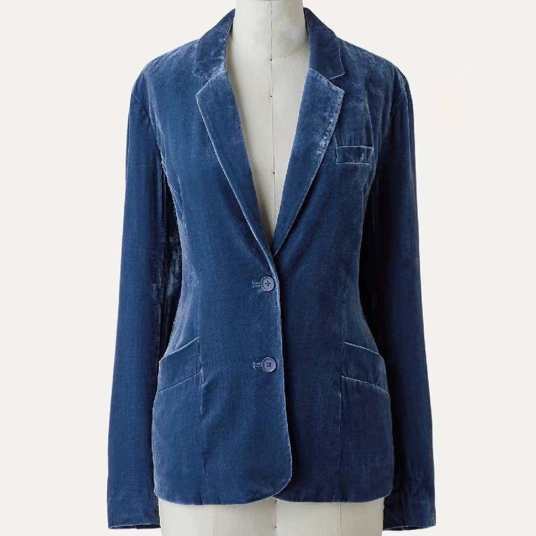Classic Solid Velvet  Long Sleeve Button Blazer