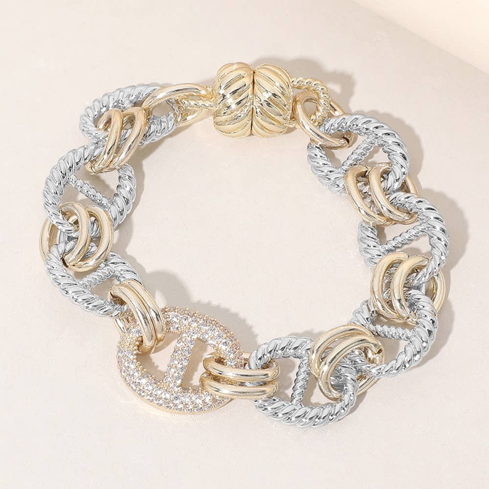 14K Gold Plated CZ Stone Paved Link Magnetic Bracelet
