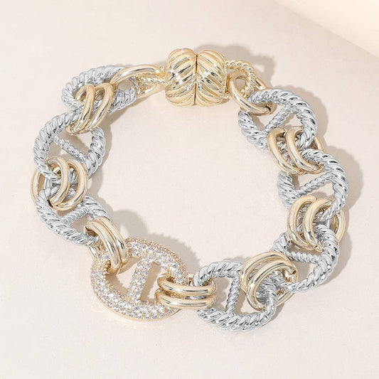 14K Gold Plated CZ Stone Paved Link Magnetic Bracelet