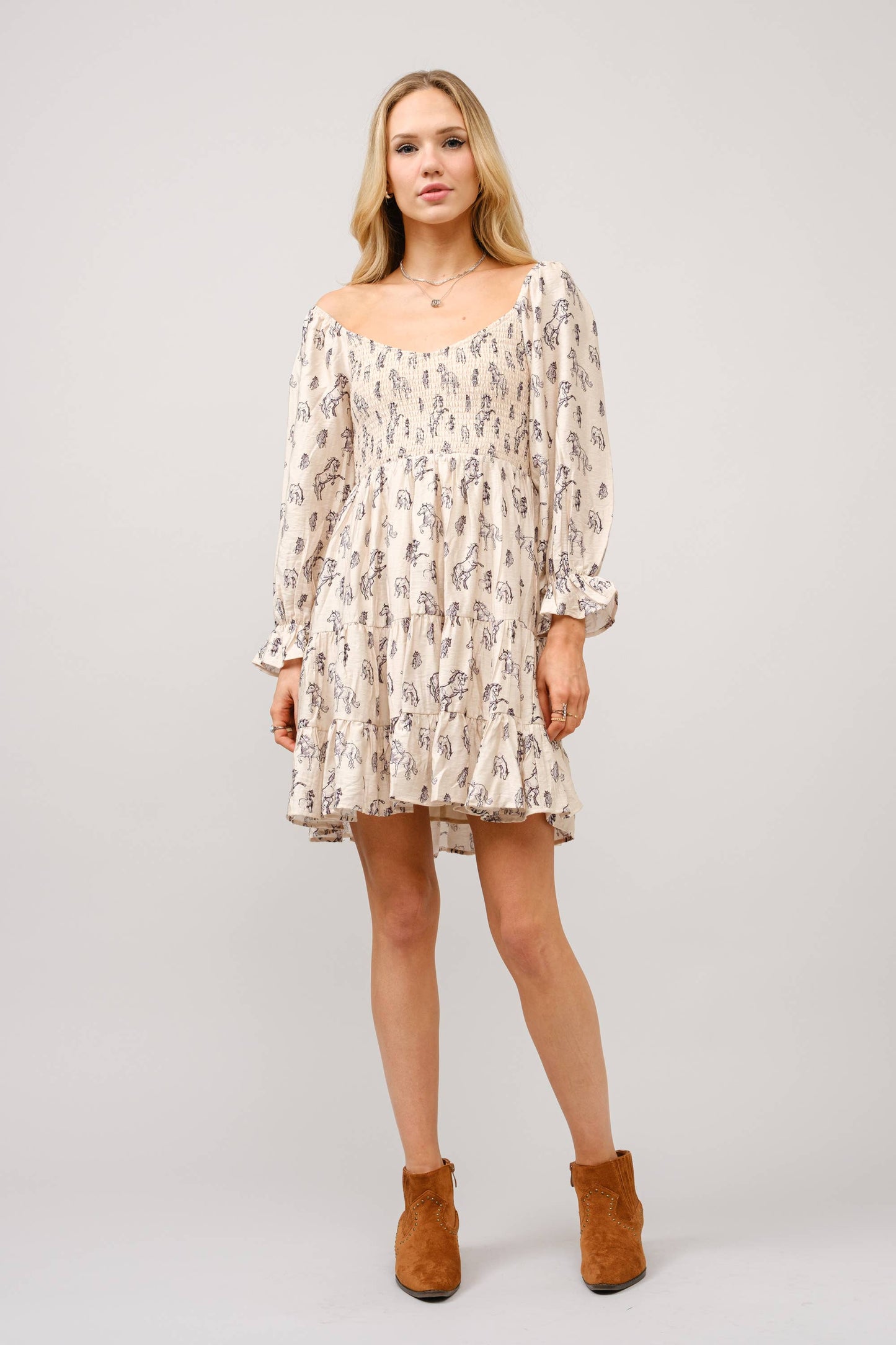 Horse Print Tiered Mini Dress