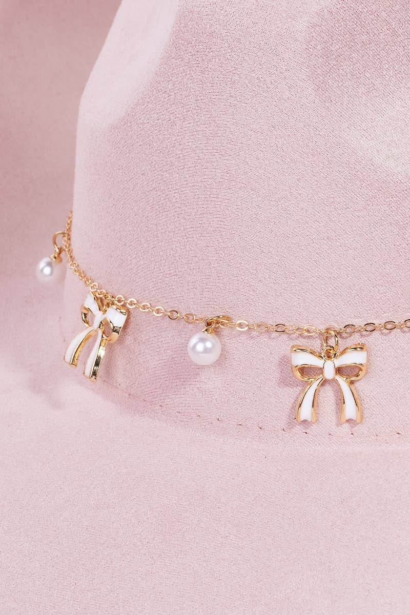 Ribbon Bow Pearl Chain Cowboy Hat