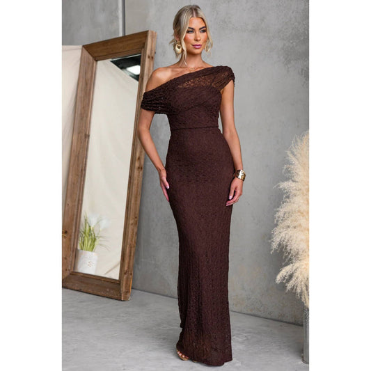 Chocolate One Shoulder Lace Maxi Dress