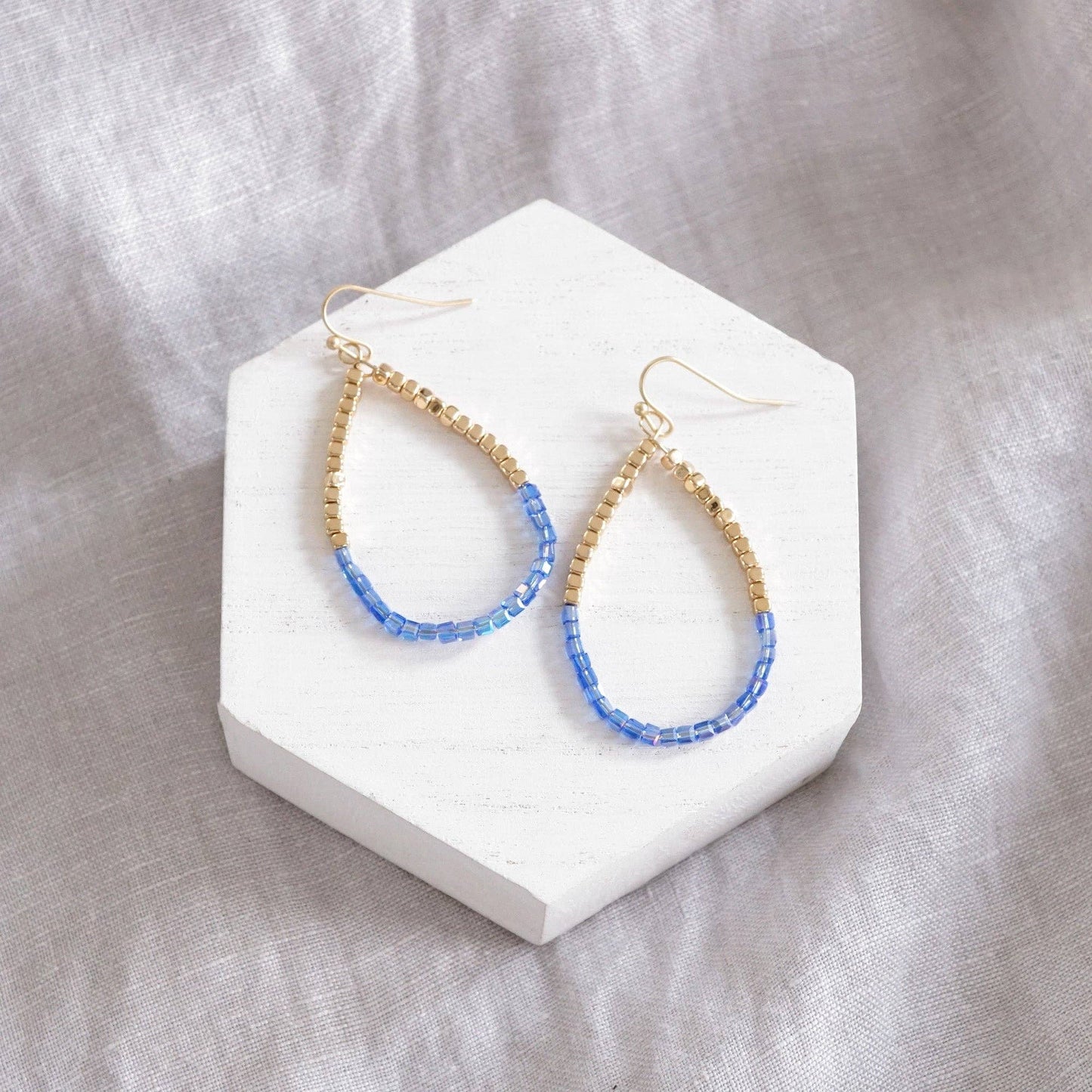 Glass & Gold Beaded Teardrop Earrings Purple
