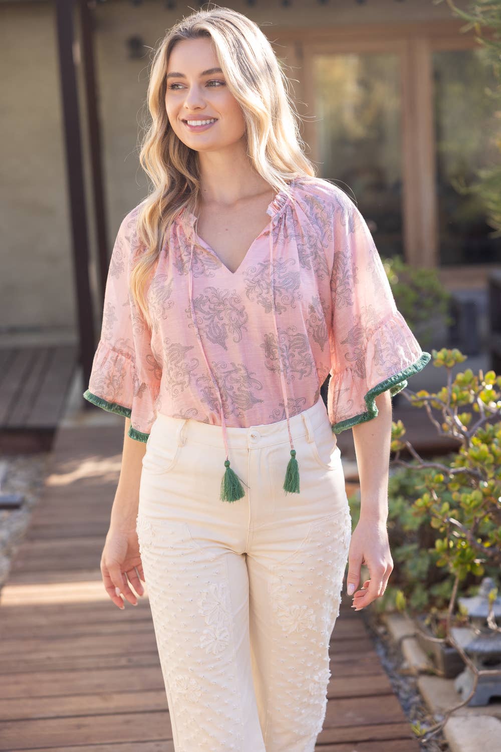 Tassle Self Tie and Fringe Detail Printed Top