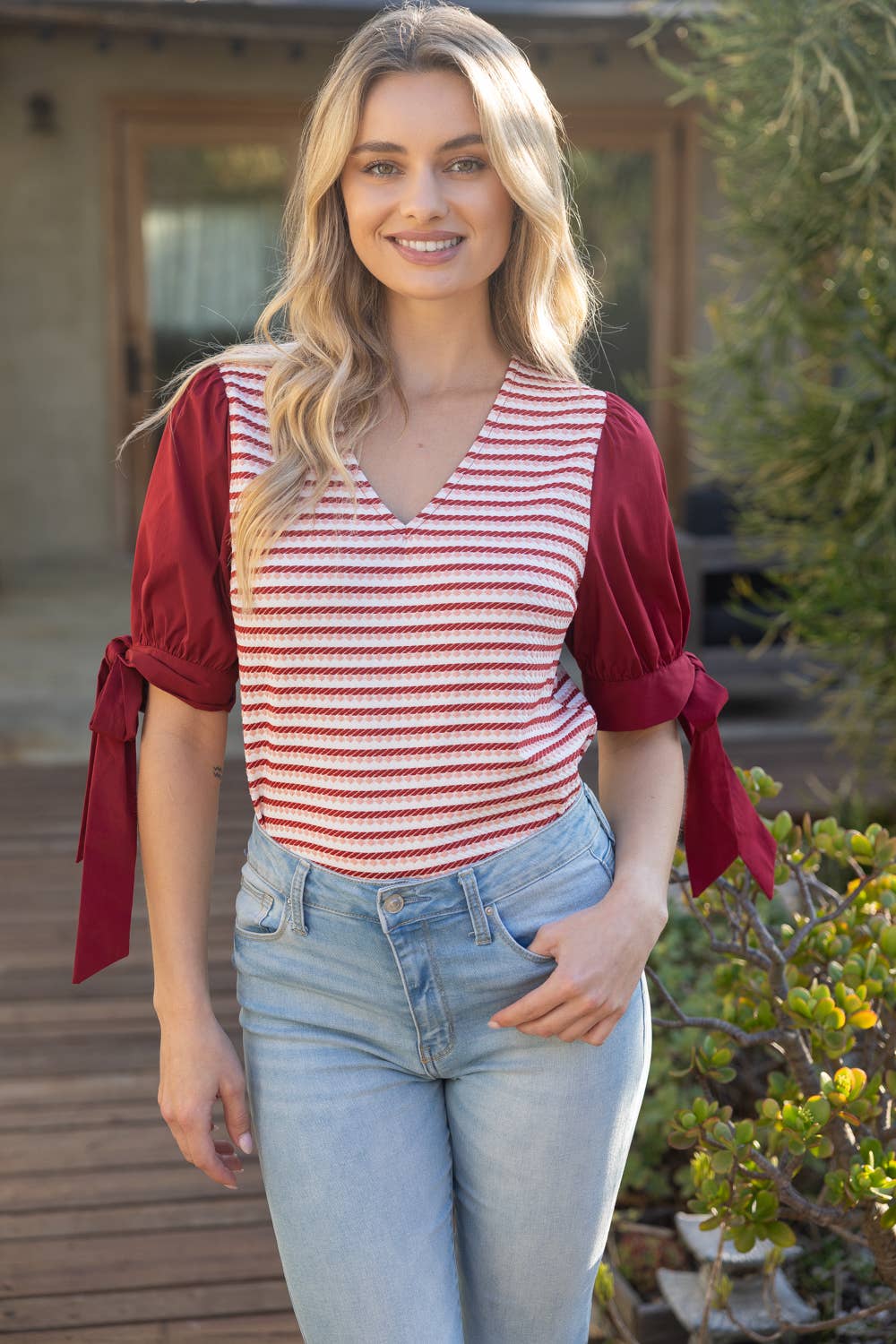 Self Tie Short Puff Sleeve Stripe Knit Top