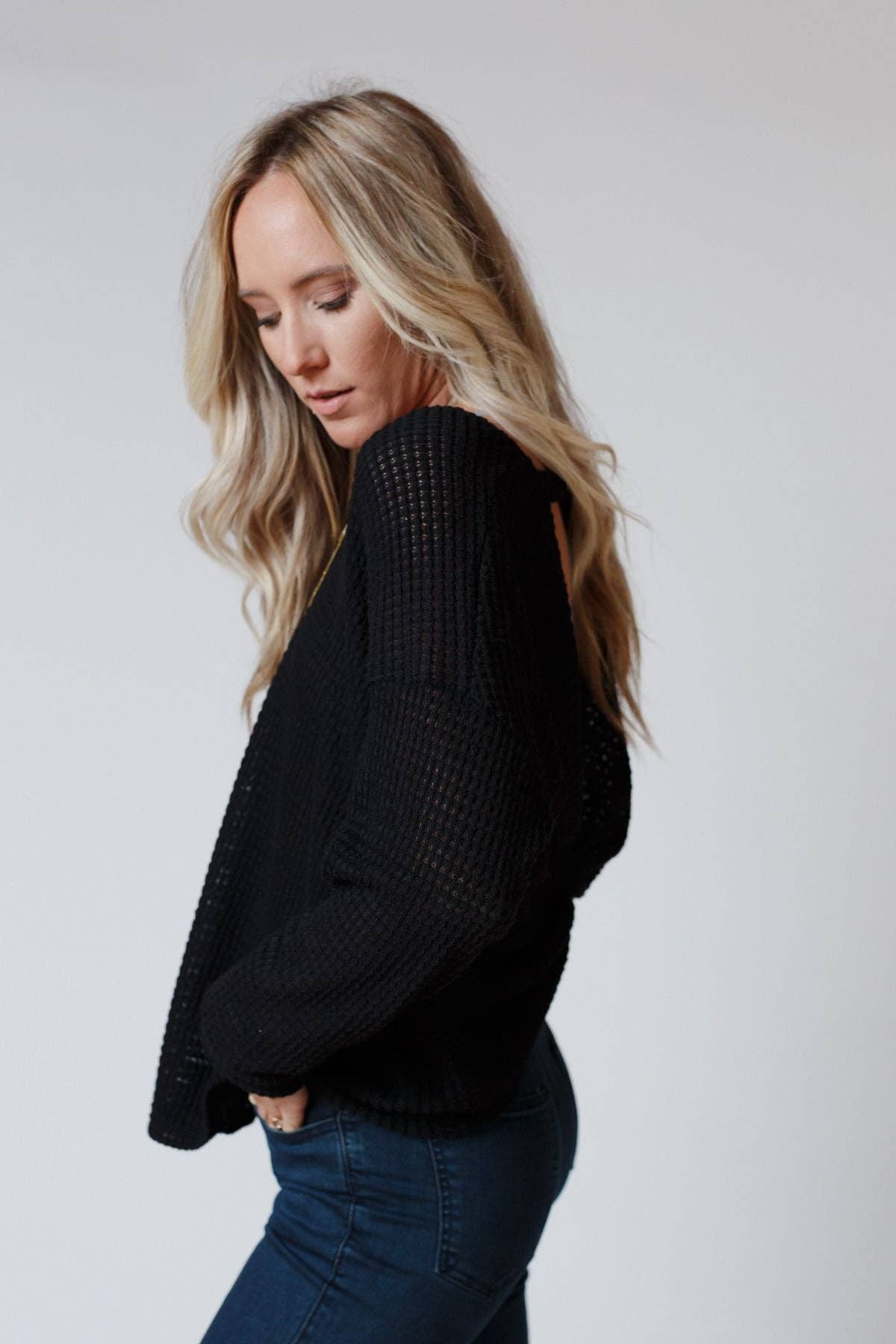 Open Back Thermal Knit Top - Black