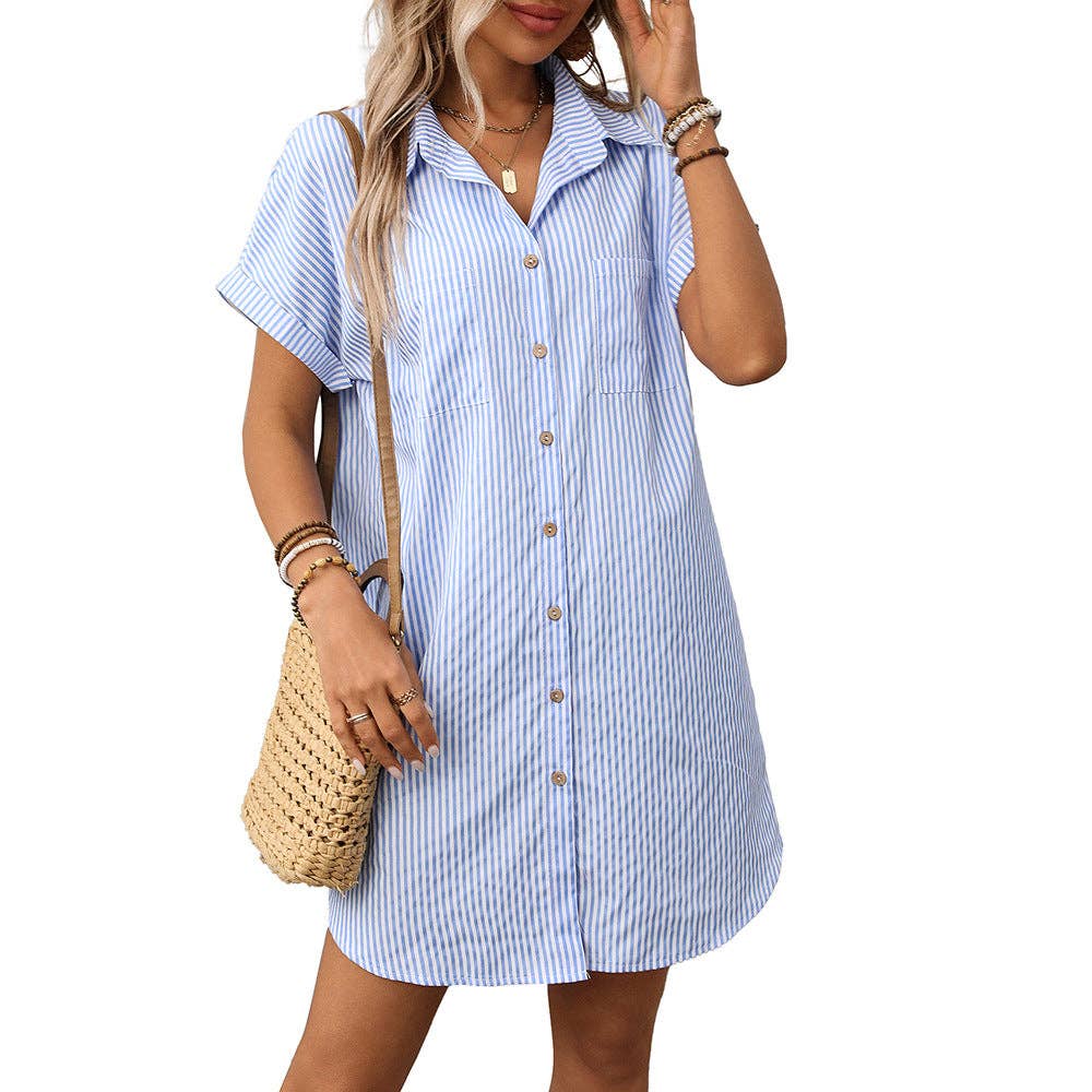 Striped Button Down Shirt Dress Casual Summer Midi