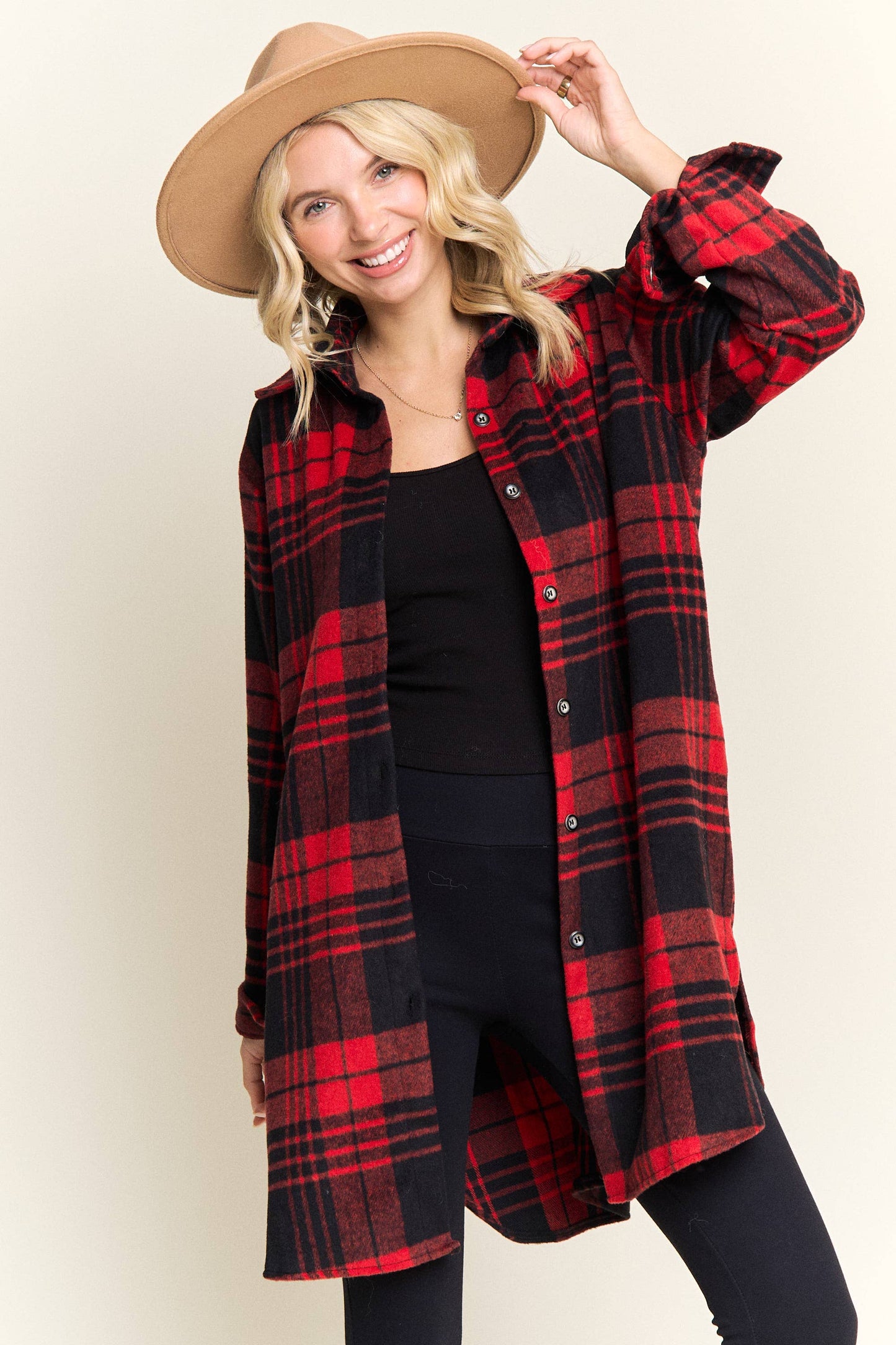 R&Blk BUTTON DOWN FLANNEL SHACKET