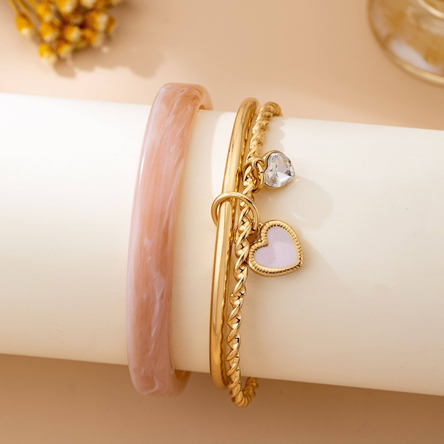 Gold Heart Charm Multi Bangle Set