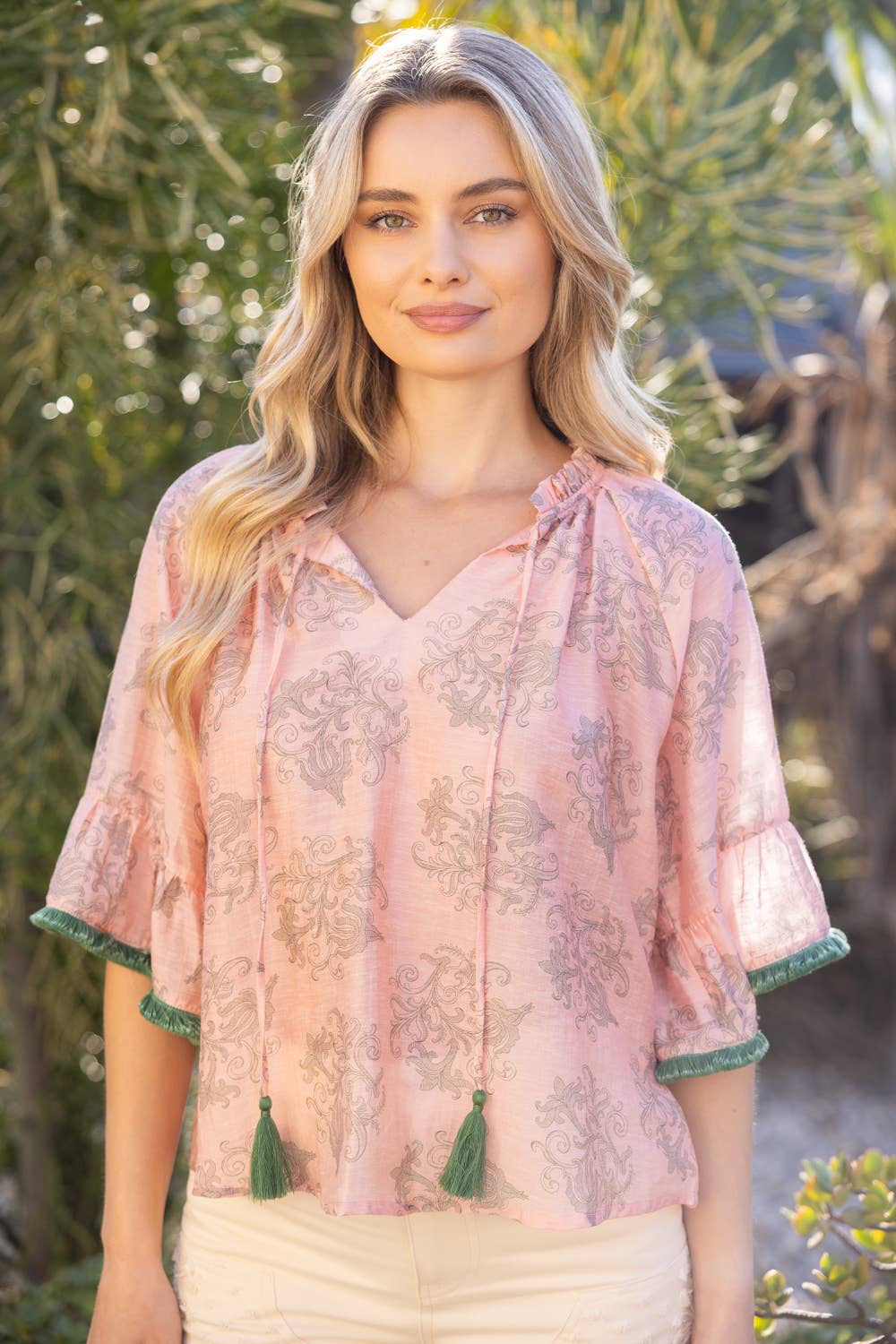 Tassle Self Tie and Fringe Detail Printed Top