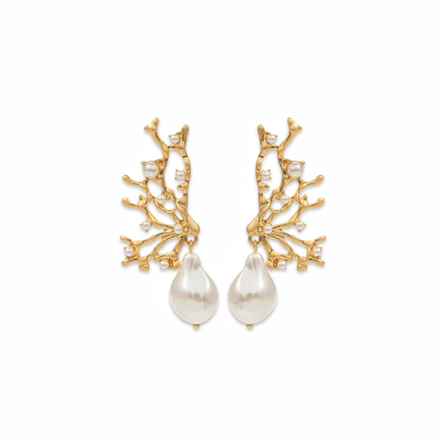 Gold Coral Branch & Pearl Dangle Earrings