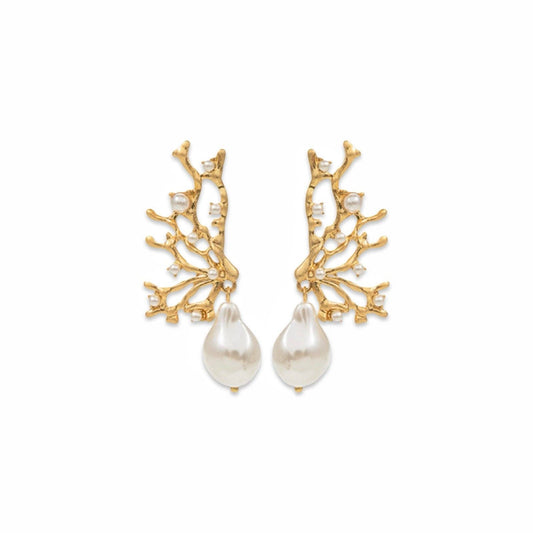 Gold Coral Branch & Pearl Dangle Earrings