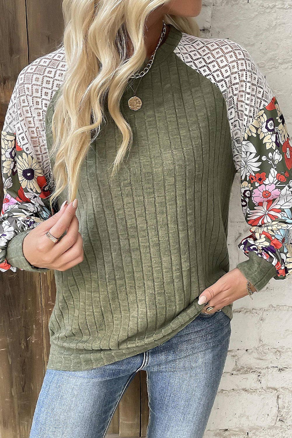 Laurel Green Floral Patchwork Ribbed Blouse