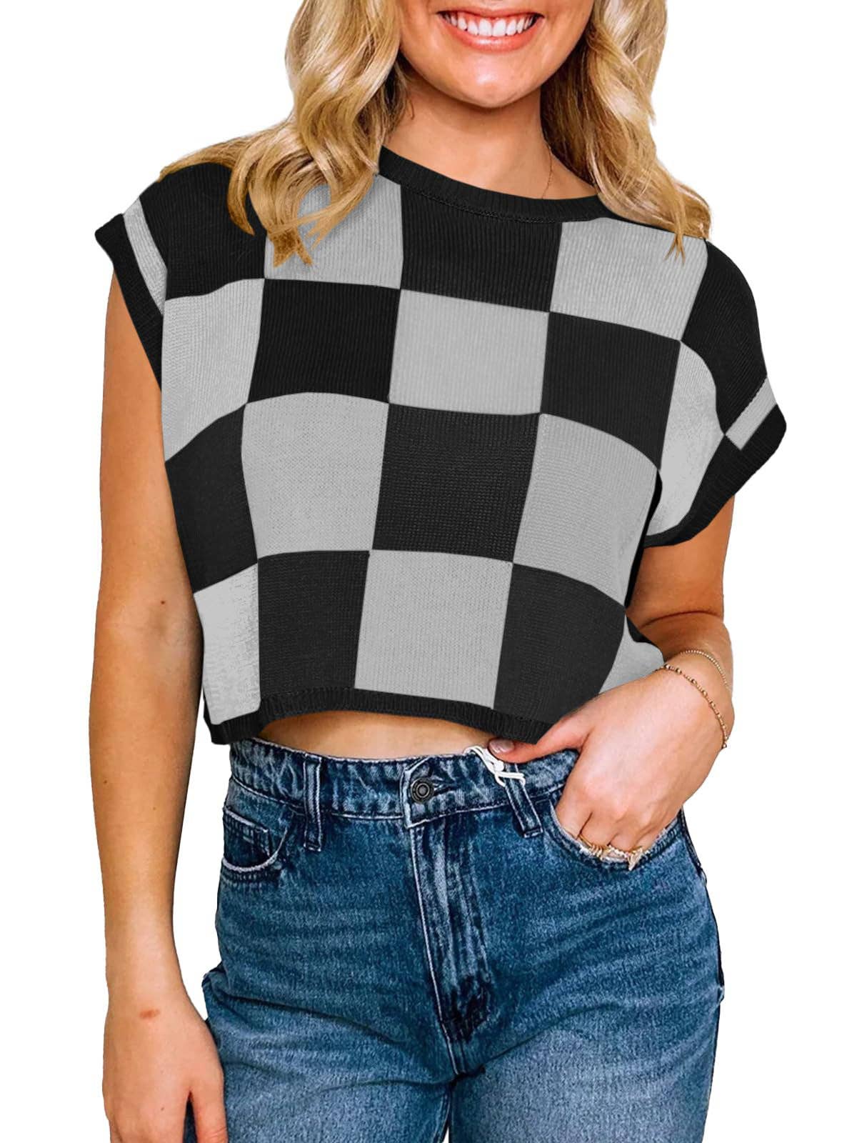 Women’s Colorblock Checkerboard Knit Crop Sweater Tee