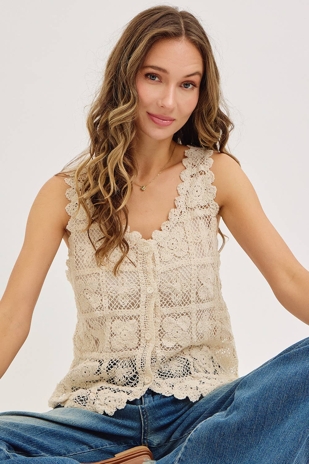 Boho Floral Crochet Lace Vest