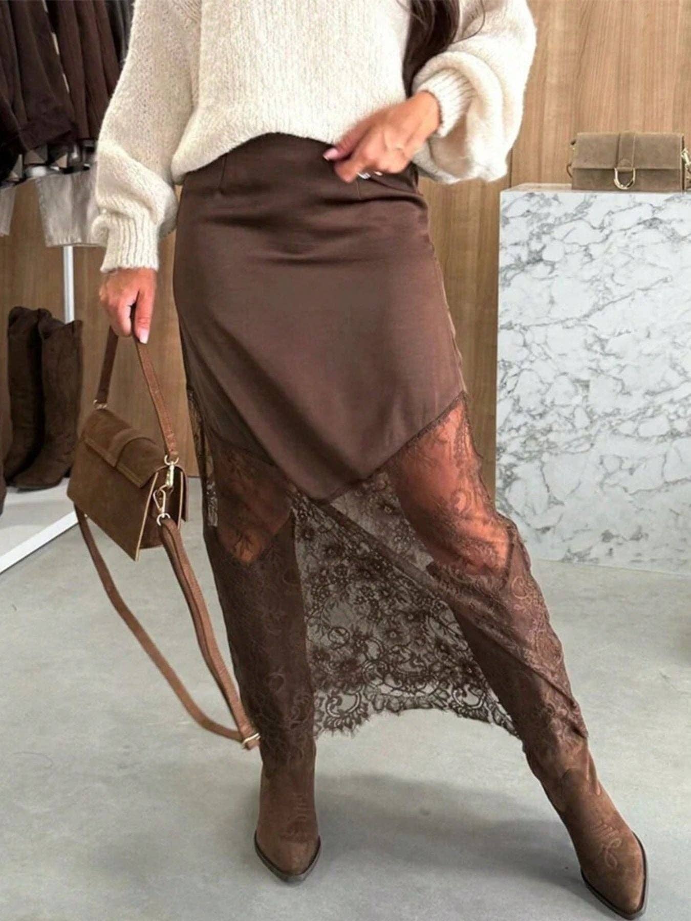 Women’s Brown Satin Lace High Waist Midi Skirt