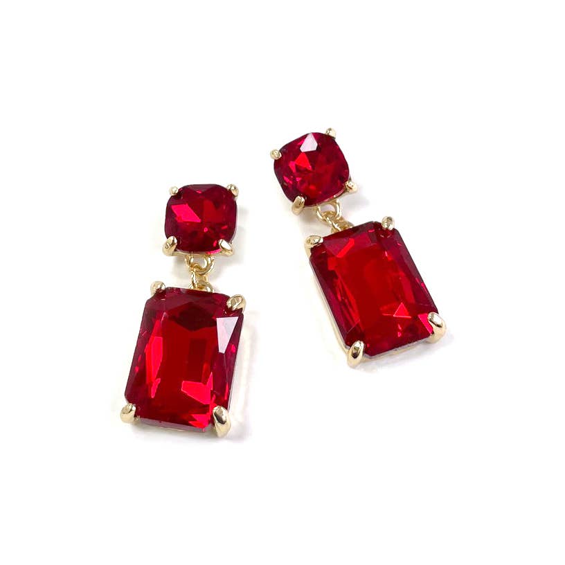 Double Square Linked Crystal Glass Dangle Earrings