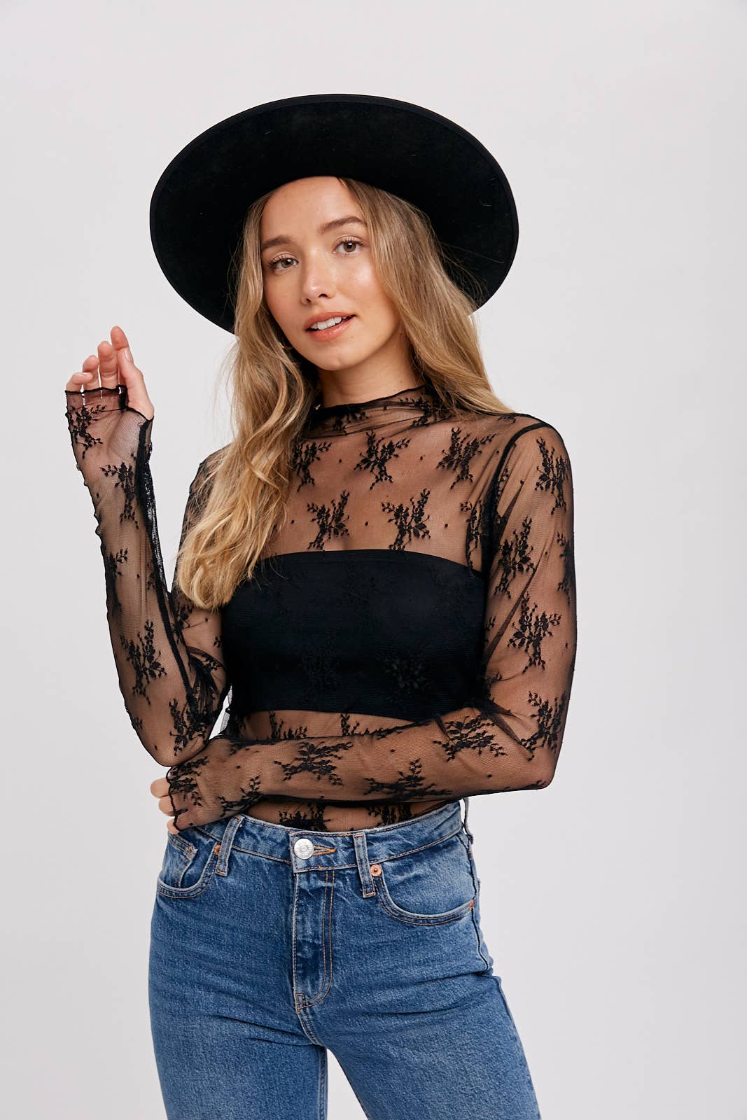 FLORAL LACE MESH TOP BLK